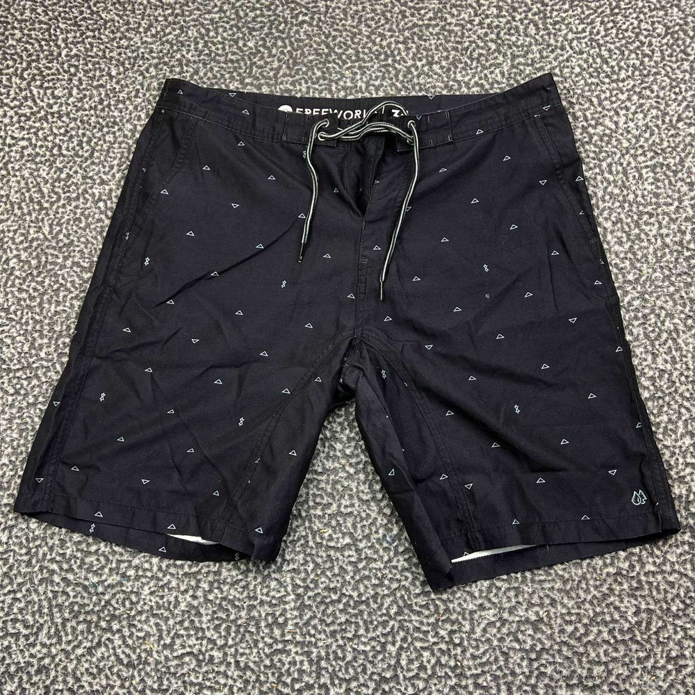 Freeworld Hybrid Board Shorts Men 34 Black Triangle Print Swim Trunks Pocket
